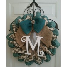  Turquoise,Chevron,Natural Burlap Wreath /Personalized 22"   360837250362